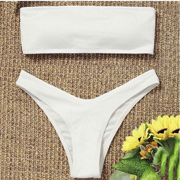 Zaful Other - Strapless Bandeau Ribbed White Bikini